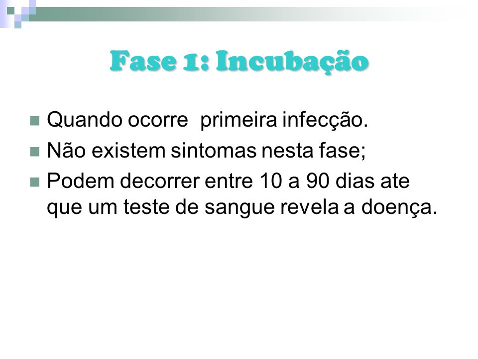 Fase 1: Incubação Quando ocorre primeira infecção.