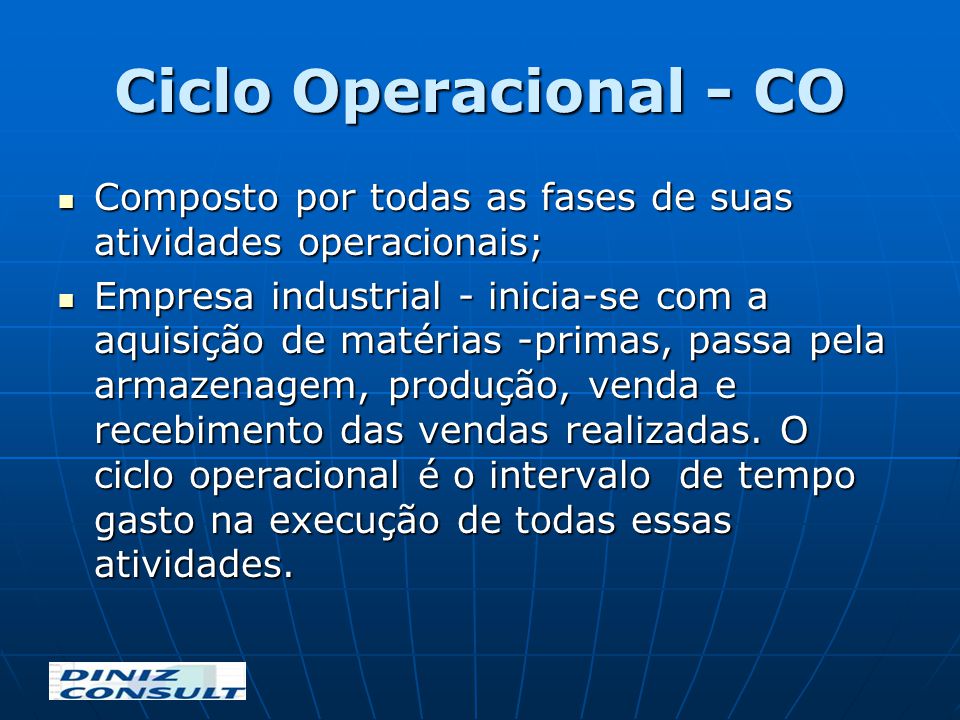 Ciclo Operacional - CO Composto por todas as fases de suas atividades operacionais;