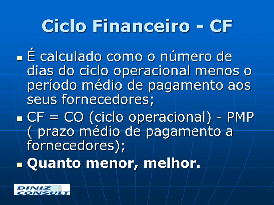 Ciclo Financeiro - CF É calculado como o número de dias do ciclo operacional menos o período médio de pagamento aos seus fornecedores;