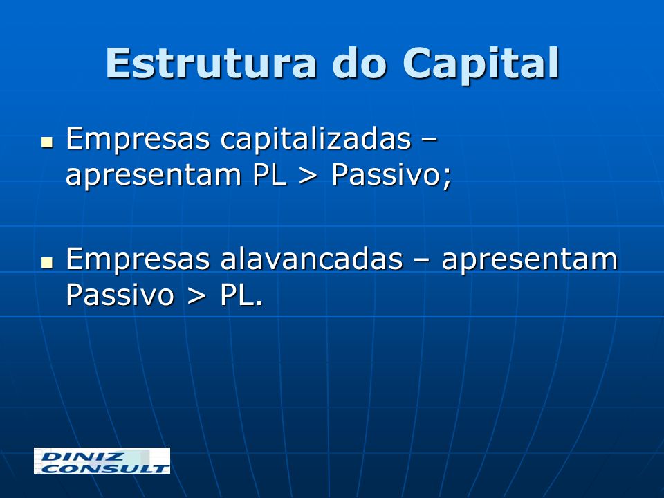 Estrutura do Capital Empresas capitalizadas – apresentam PL > Passivo; Empresas alavancadas – apresentam Passivo > PL.