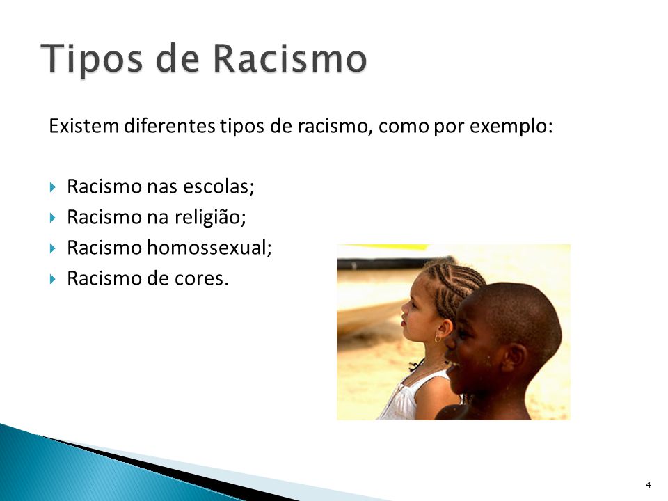 Tipos de Racismo Existem diferentes tipos de racismo, como por exemplo: Racismo nas escolas; Racismo na religião;