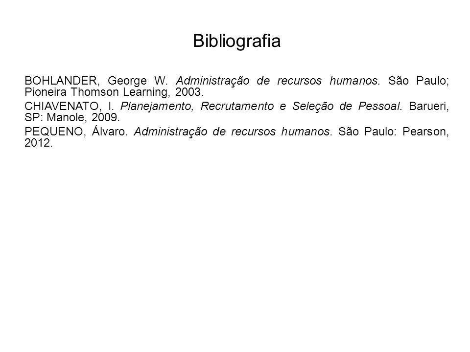 Bibliografia BOHLANDER, George W. Administração de recursos humanos. São Paulo; Pioneira Thomson Learning,