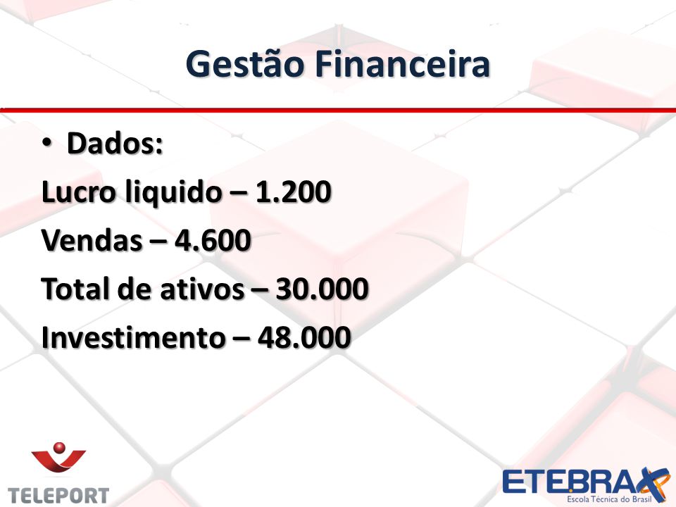 Gestão Financeira Dados: Lucro liquido – Vendas – 4.600