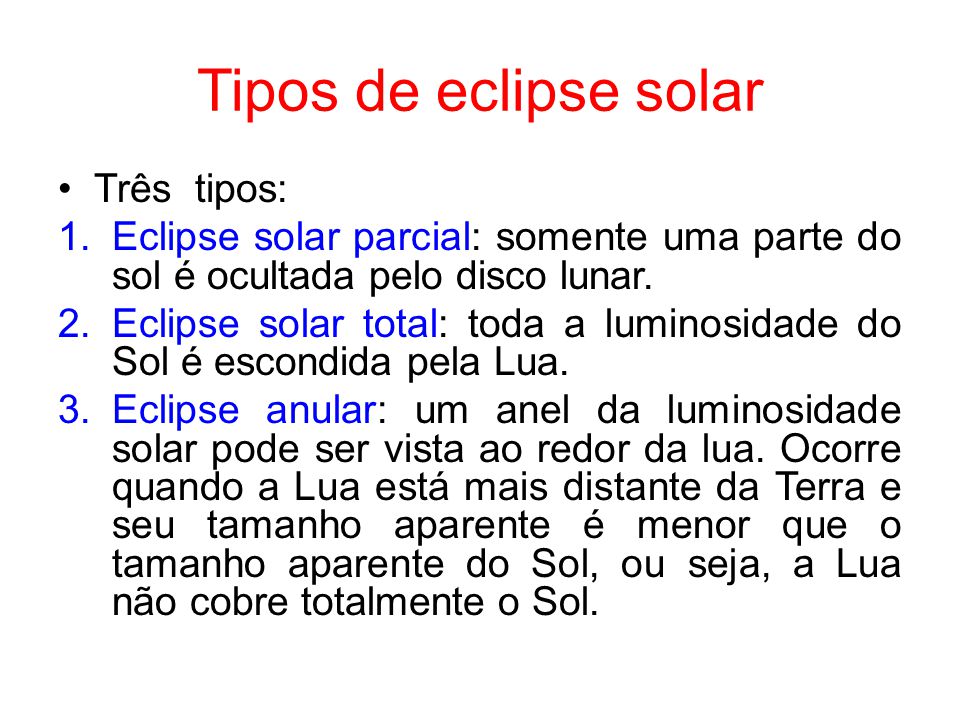 Tipos de eclipse solar Três tipos: