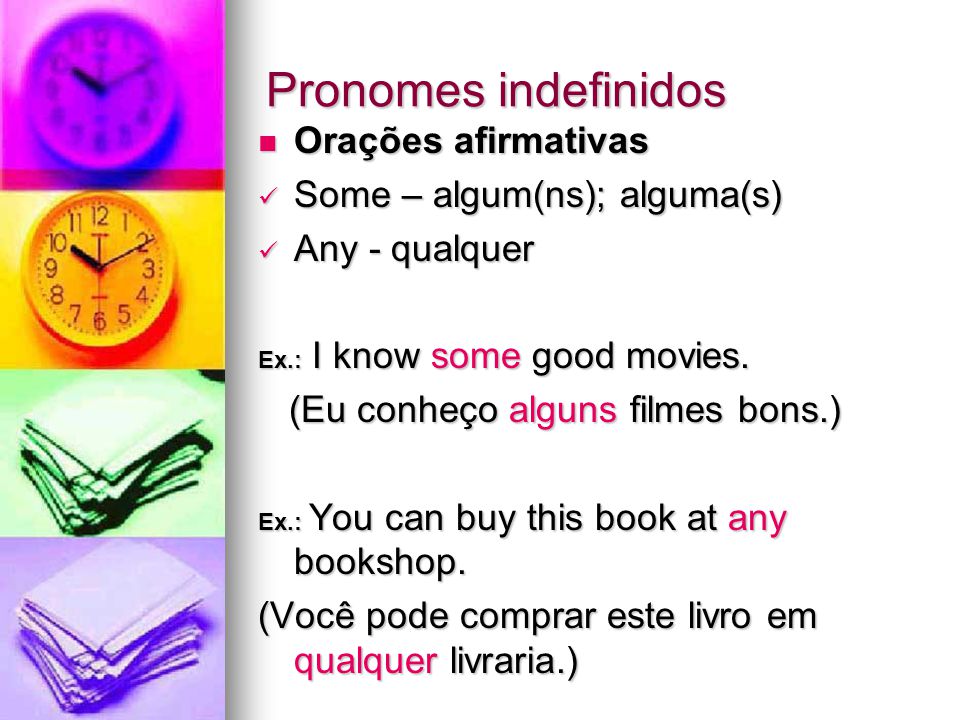 Pronomes indefinidos Orações afirmativas Some – algum(ns); alguma(s)