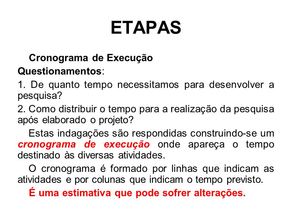 ETAPAS Cronograma de Execução Questionamentos: