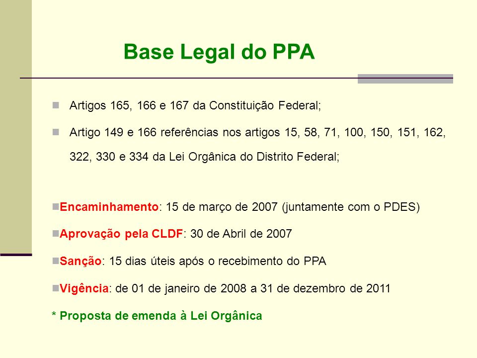 Base Legal do PPA Artigos 165, 166 e 167 da Constituição Federal;