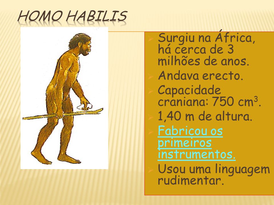 Homo habilis Surgiu na África, há cerca de 3 milhões de anos.