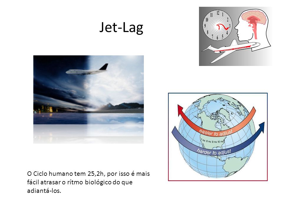 Jet-Lag O Ciclo humano tem 25,2h, por isso é mais fácil atrasar o rítmo biológico do que adiantá-los.