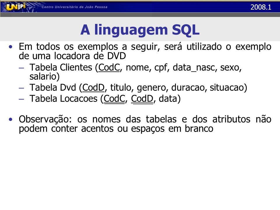 A linguagem SQL Em todos os exemplos a seguir, será utilizado o exemplo de uma locadora de DVD.