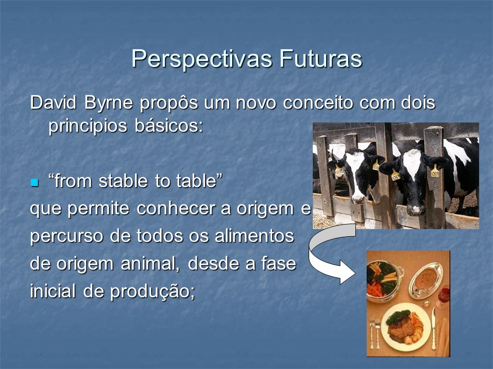 Perspectivas Futuras David Byrne propôs um novo conceito com dois principios básicos: from stable to table