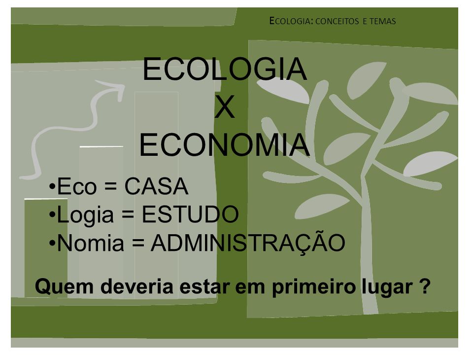 ECOLOGIA X ECONOMIA Eco = CASA Logia = ESTUDO Nomia = ADMINISTRAÇÃO