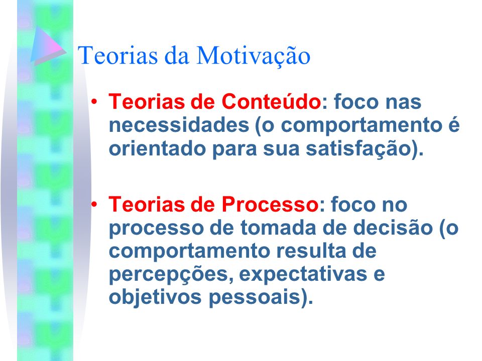 Teorias da Motivação Teorias de Conteúdo: foco nas necessidades (o comportamento é orientado para sua satisfação).