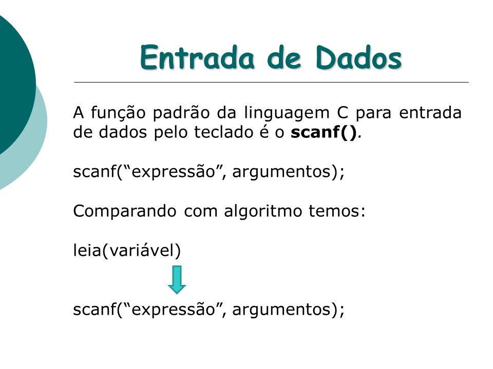 Entrada de Dados A função padrão da linguagem C para entrada de dados pelo teclado é o scanf(). scanf( expressão , argumentos);