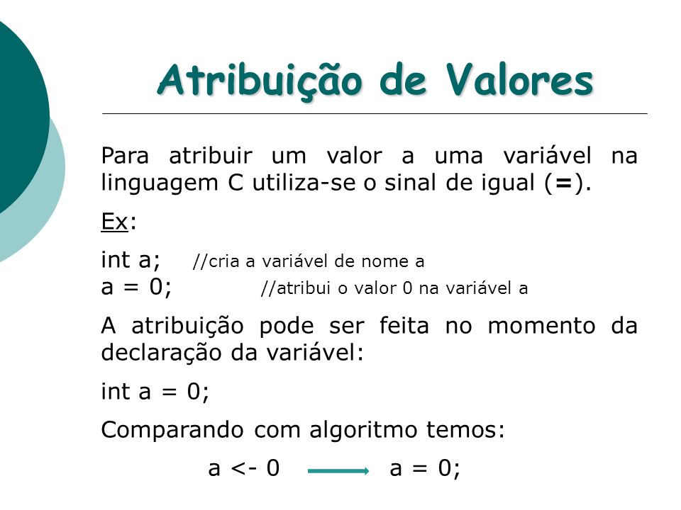 Atribuição de Valores Para atribuir um valor a uma variável na linguagem C utiliza-se o sinal de igual (=).