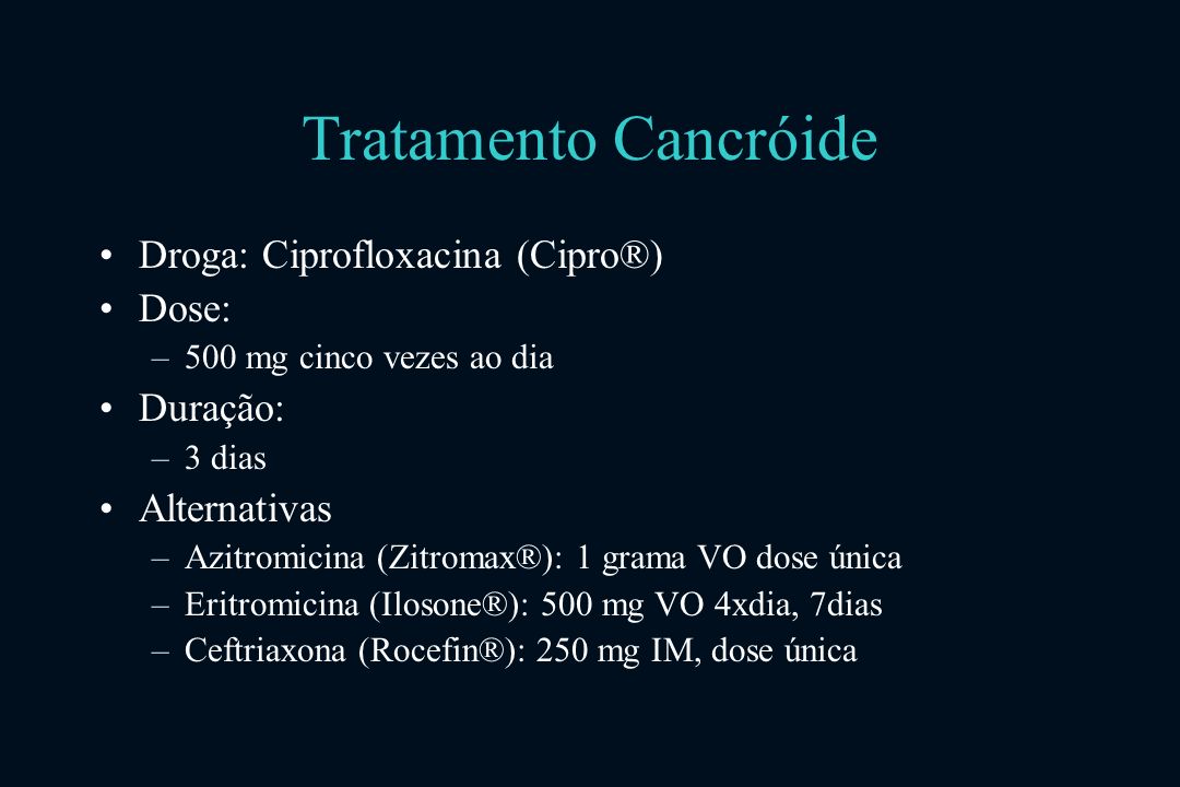 Tratamento Cancróide Droga: Ciprofloxacina (Cipro®) Dose: Duração:
