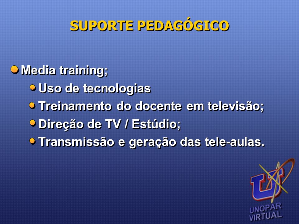 SUPORTE PEDAGÓGICO Media training; Uso de tecnologias