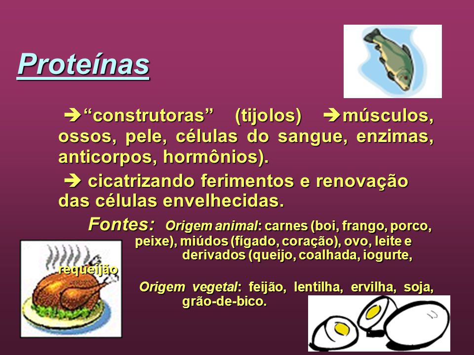 Proteínas  construtoras (tijolos) músculos, ossos, pele, células do sangue, enzimas, anticorpos, hormônios).