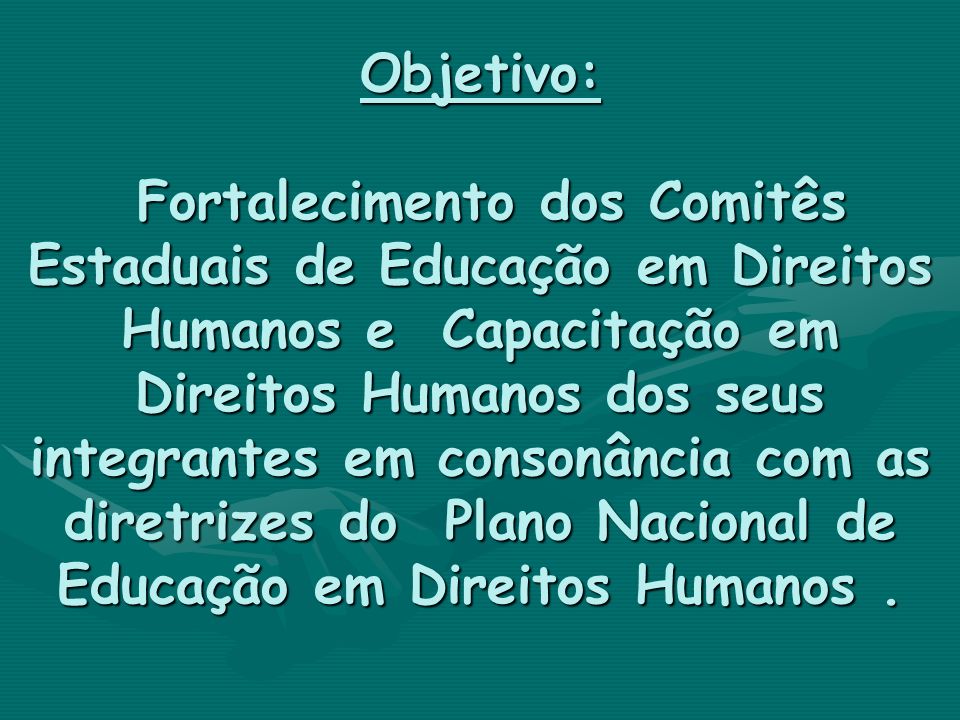 Objetivo: Fortalecimento dos Comitês Estaduais de Educação em Direitos Humanos e Capacitação em Direitos Humanos dos seus integrantes em consonância com as diretrizes do Plano Nacional de Educação em Direitos Humanos .