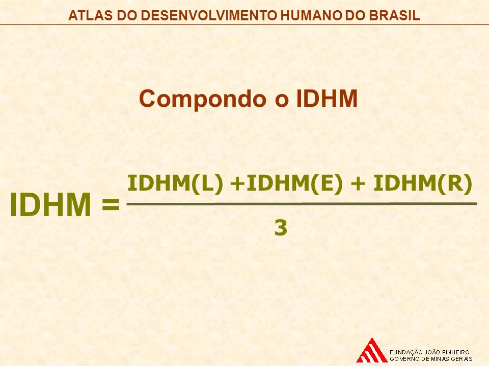 Compondo o IDHM IDHM = IDHM(L) +IDHM(E) + IDHM(R) 3