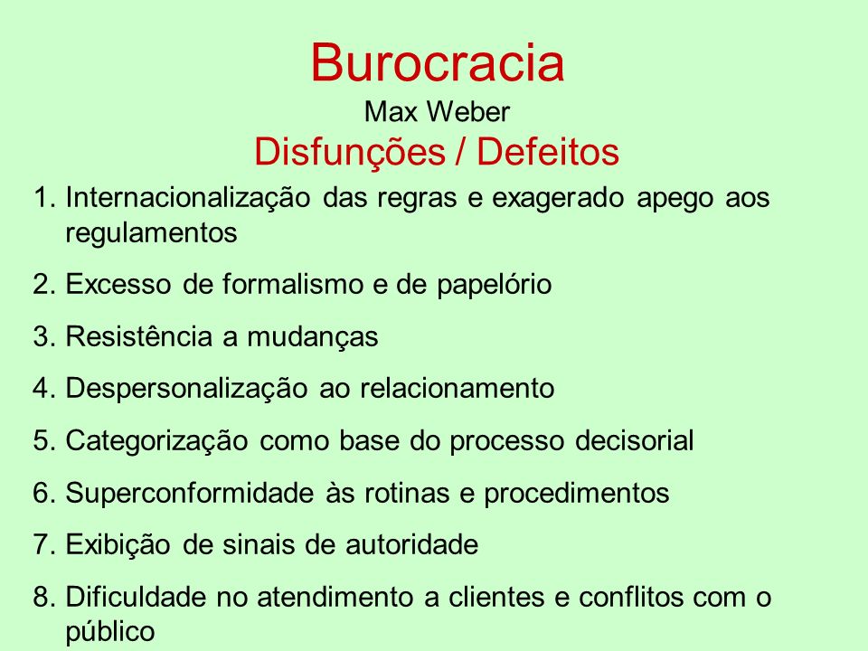 Burocracia Disfunções / Defeitos Max Weber