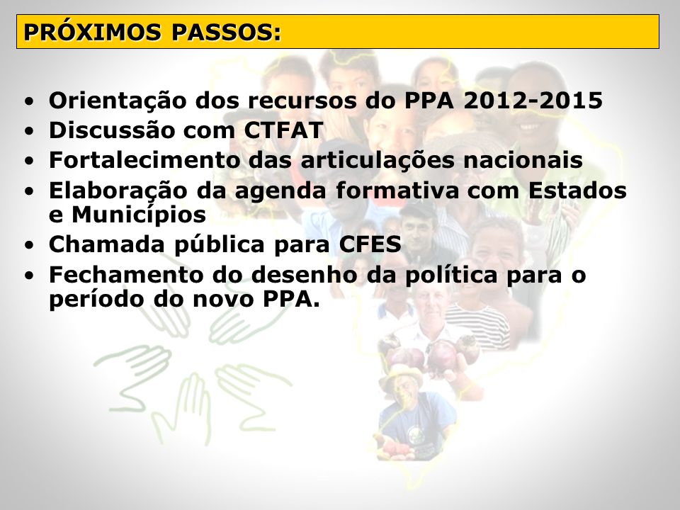 PRÓXIMOS PASSOS: Orientação dos recursos do PPA Discussão com CTFAT. Fortalecimento das articulações nacionais.
