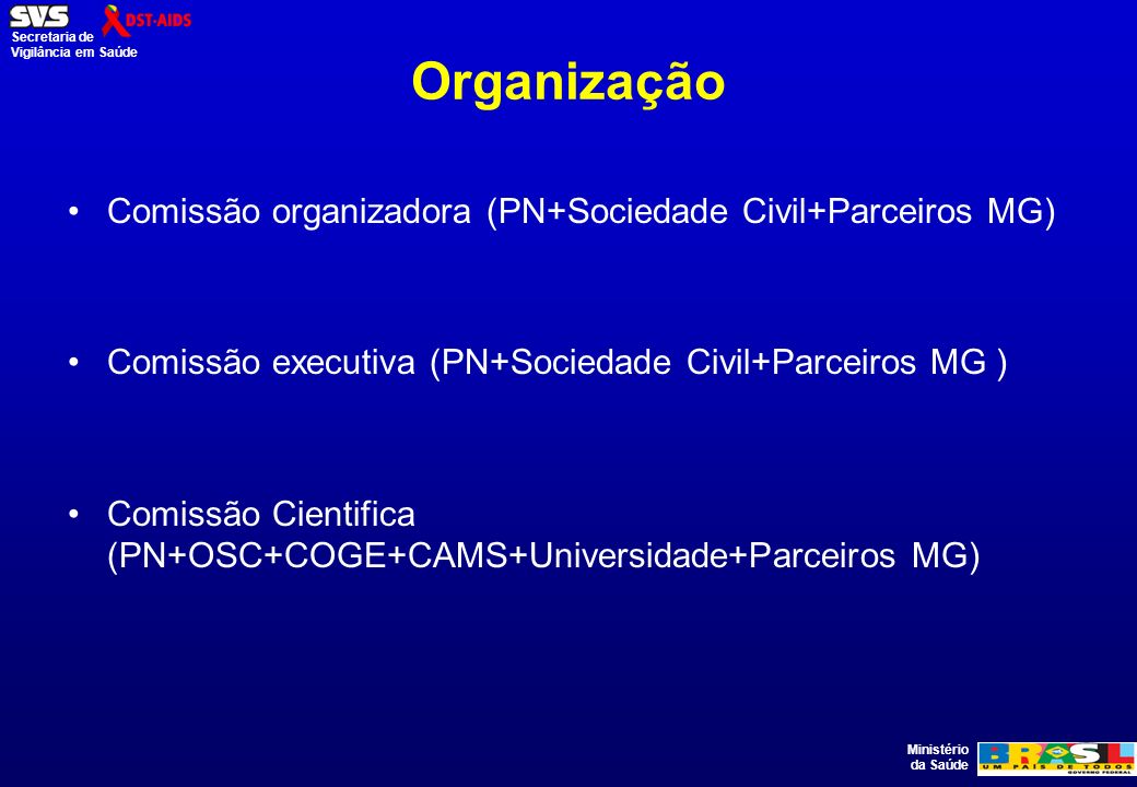 Organização Comissão organizadora (PN+Sociedade Civil+Parceiros MG)