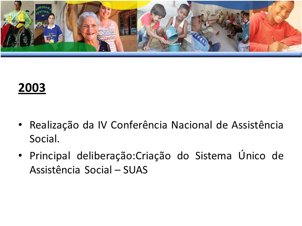 2003 Realização da IV Conferência Nacional de Assistência Social.