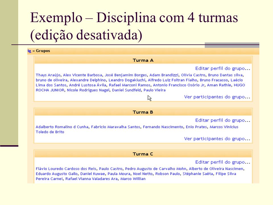 Exemplo – Disciplina com 4 turmas (edição desativada)