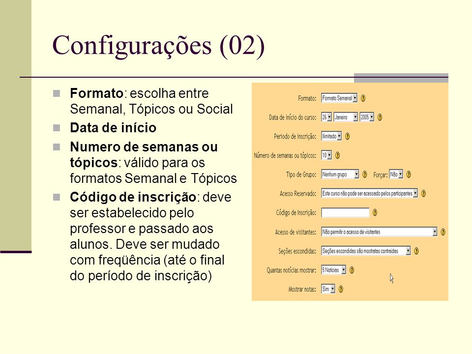 Configurações (02) Formato: escolha entre Semanal, Tópicos ou Social