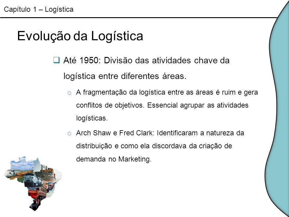 Capítulo 1 – Logística Evolução da Logística. Até 1950: Divisão das atividades chave da logística entre diferentes áreas.