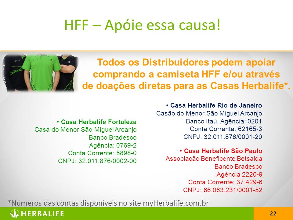 HFF – Apóie essa causa! Todos os Distribuidores podem apoiar comprando a camiseta HFF e/ou através de doações diretas para as Casas Herbalife*.