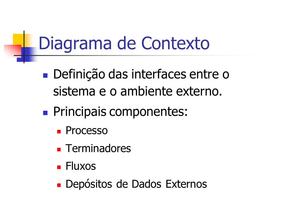 Diagrama de Contexto Definição das interfaces entre o sistema e o ambiente externo. Principais componentes: