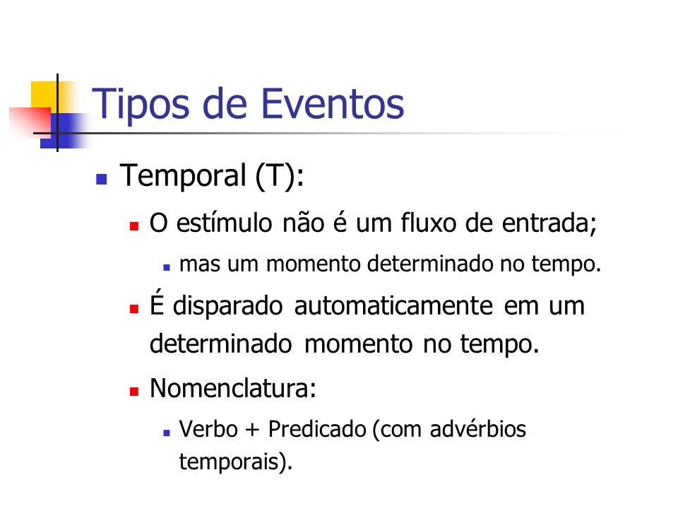 Tipos de Eventos Temporal (T): O estímulo não é um fluxo de entrada;