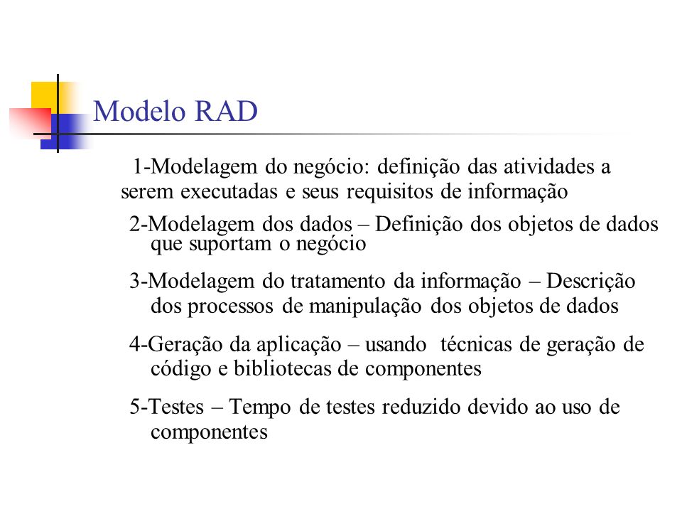 Modelo RAD 1-Modelagem do negócio: definição das atividades a serem executadas e seus requisitos de informação.
