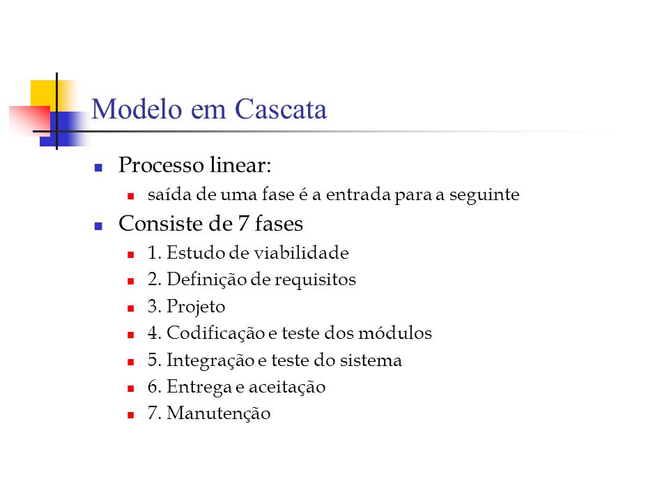 Modelo em Cascata Processo linear: Consiste de 7 fases
