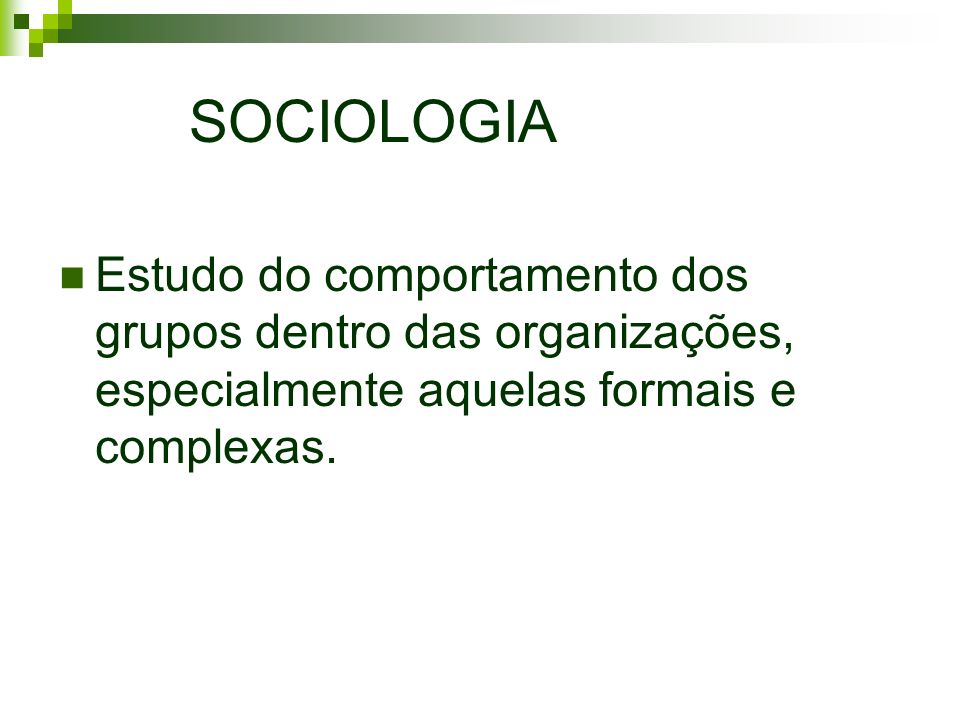 SOCIOLOGIA Estudo do comportamento dos grupos dentro das organizações, especialmente aquelas formais e complexas.