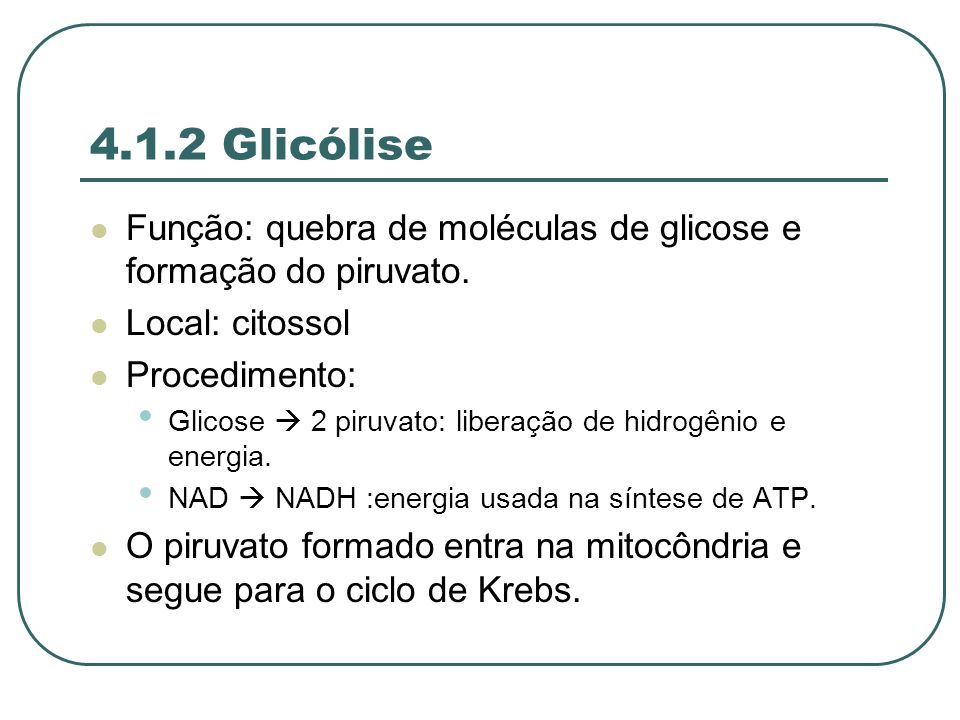 4.1.2 Glicólise Função: quebra de moléculas de glicose e formação do piruvato. Local: citossol. Procedimento: