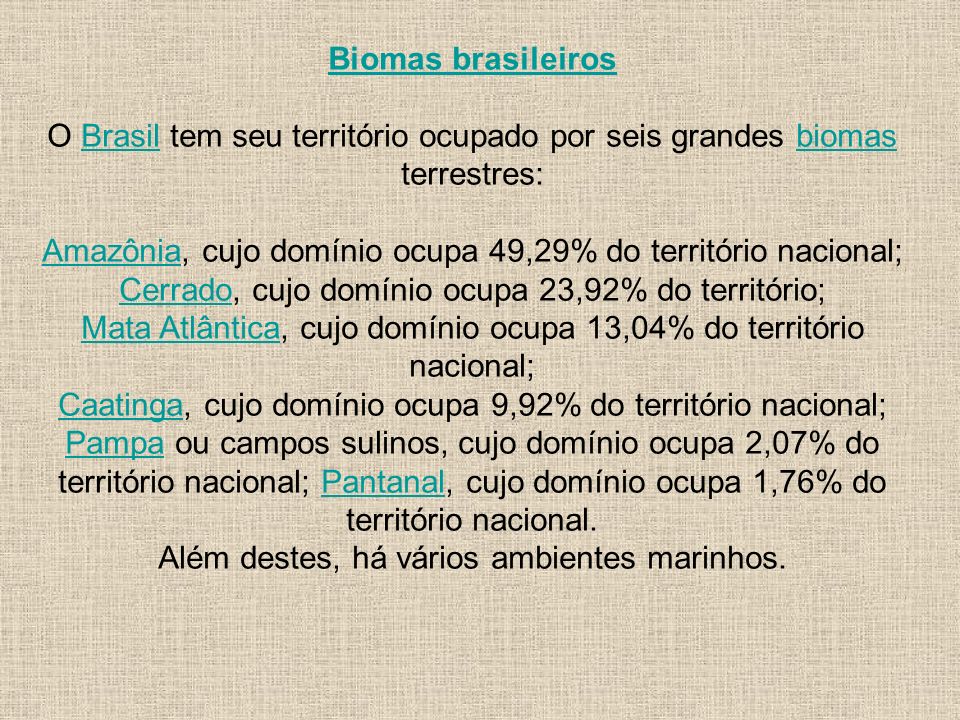 Biomas brasileiros O Brasil tem seu território ocupado por seis grandes biomas terrestres: