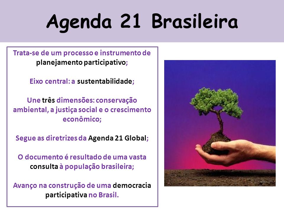 Agenda 21 Brasileira Trata-se de um processo e instrumento de planejamento participativo; Eixo central: a sustentabilidade;