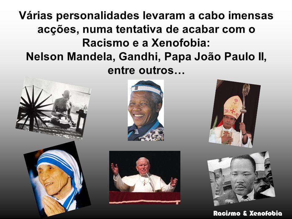 Várias personalidades levaram a cabo imensas acções, numa tentativa de acabar com o Racismo e a Xenofobia: Nelson Mandela, Gandhi, Papa João Paulo II, entre outros…