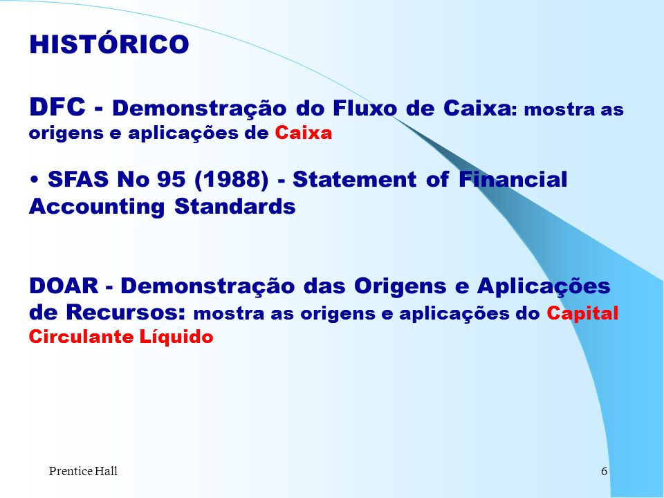 HISTÓRICO DFC - Demonstração do Fluxo de Caixa: mostra as origens e aplicações de Caixa.