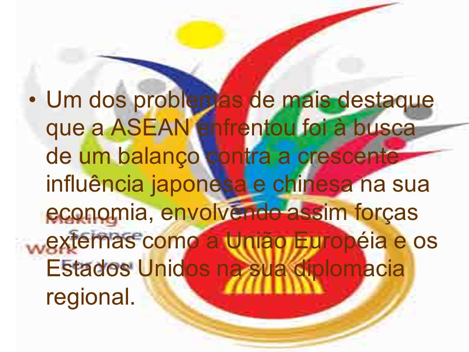 Um dos problemas de mais destaque que a ASEAN enfrentou foi à busca de um balanço contra a crescente influência japonesa e chinesa na sua economia, envolvendo assim forças externas como a União Européia e os Estados Unidos na sua diplomacia regional.