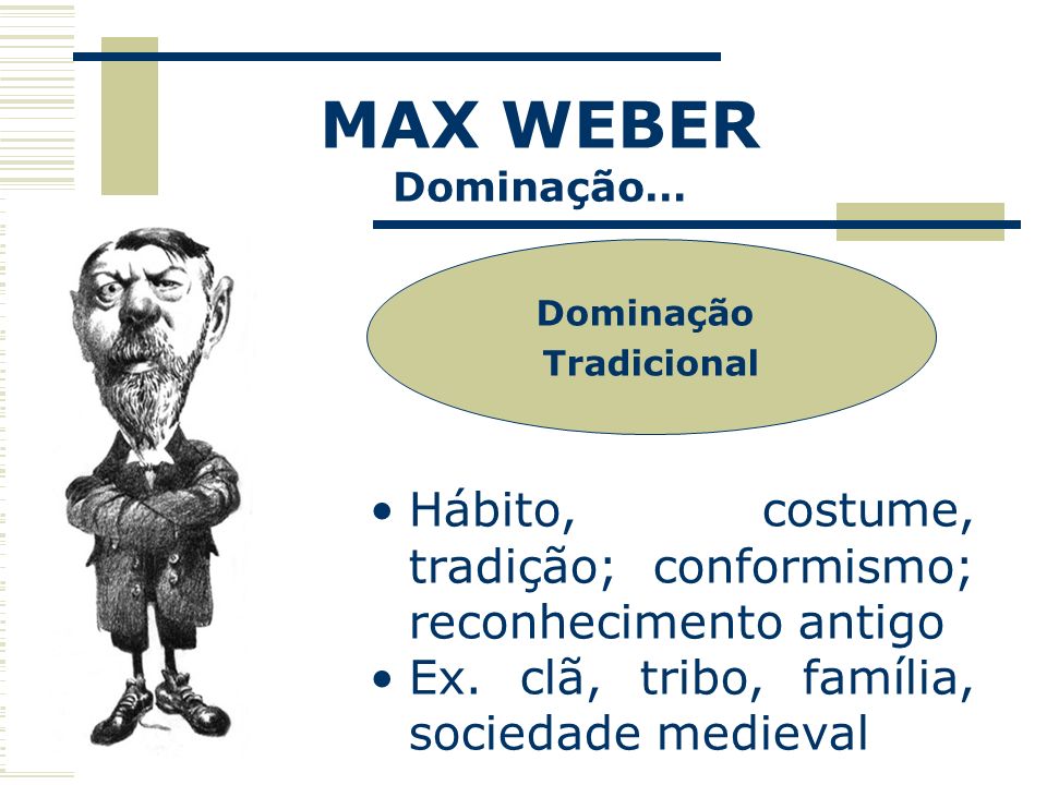 MAX WEBER Dominação… Dominação. Tradicional. Hábito, costume, tradição; conformismo; reconhecimento antigo.