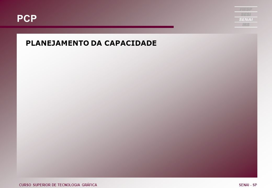 PCP PLANEJAMENTO DA CAPACIDADE CURSO SUPERIOR DE TECNOLOGIA GRÁFICA