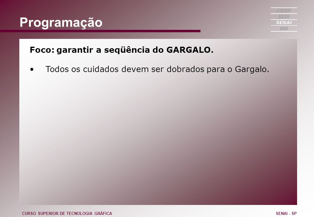 Programação Foco: garantir a seqüência do GARGALO.