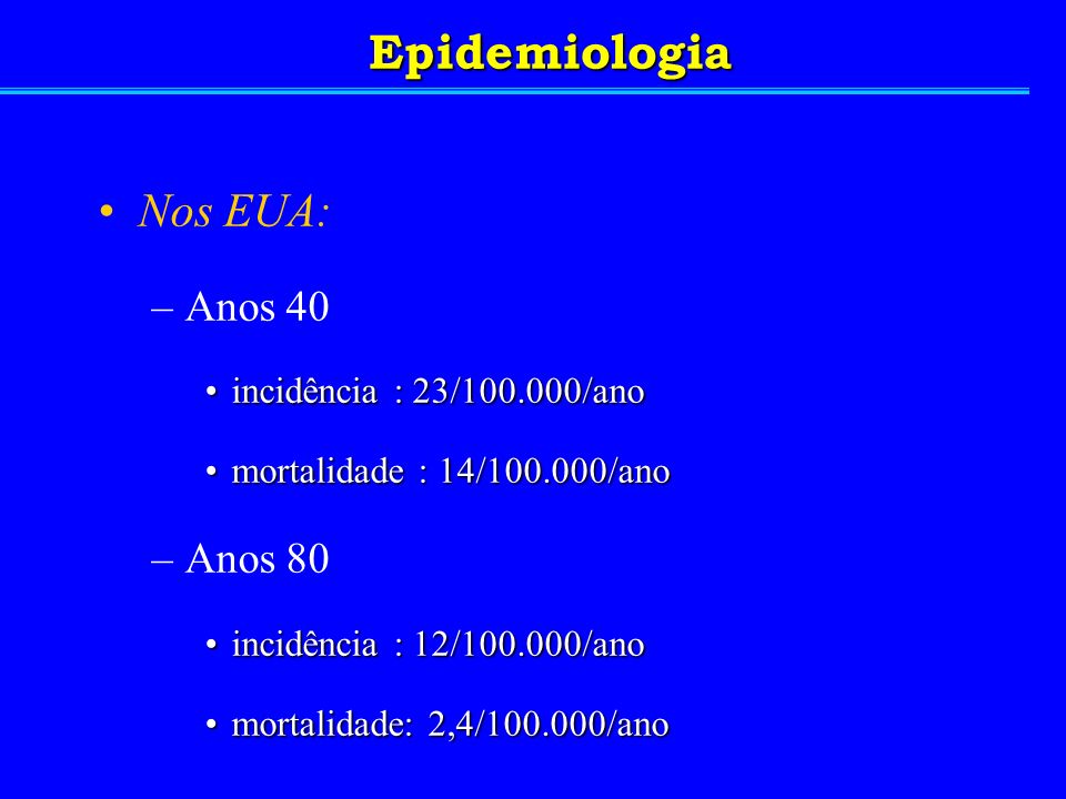 Epidemiologia Nos EUA: Anos 40 Anos 80 incidência : 23/ /ano