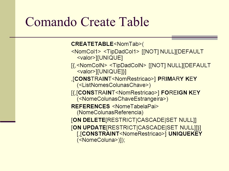 Comando Create Table CREATETABLE<NomTab>(