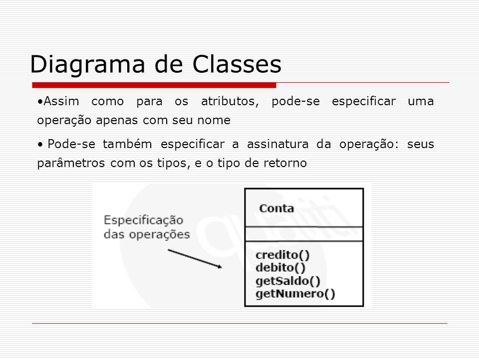 Diagrama de Classes Assim como para os atributos, pode-se especificar uma operação apenas com seu nome.