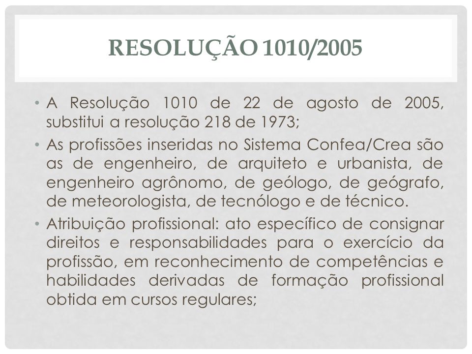 RESOLUÇÃO 1010/2005 A Resolução 1010 de 22 de agosto de 2005, substitui a resolução 218 de 1973;